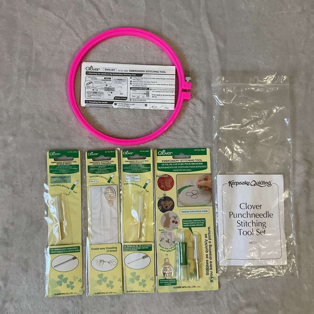 Clover Punchneedle Stitching Tool Kit Set Refill Threader Plus Hoop 8723 Japan