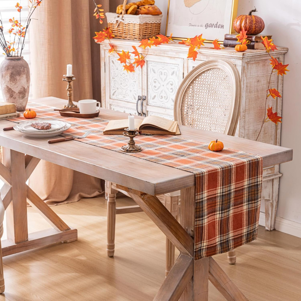 Plaid Fall Thanksgiving Table Runner, Autumn Holiday Rust Orange Table Runners 7