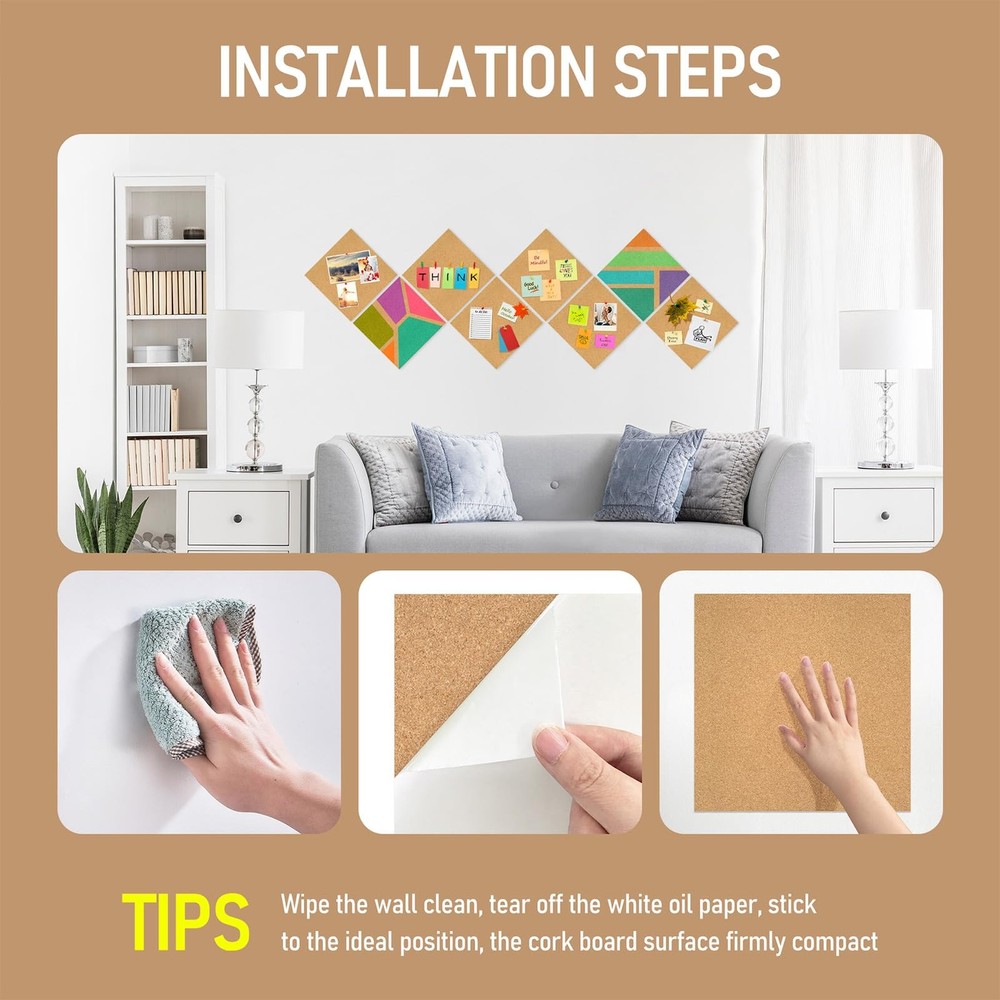 4 PCS Square Cork Board Tiles Self Adhesive Small Wall Decorative