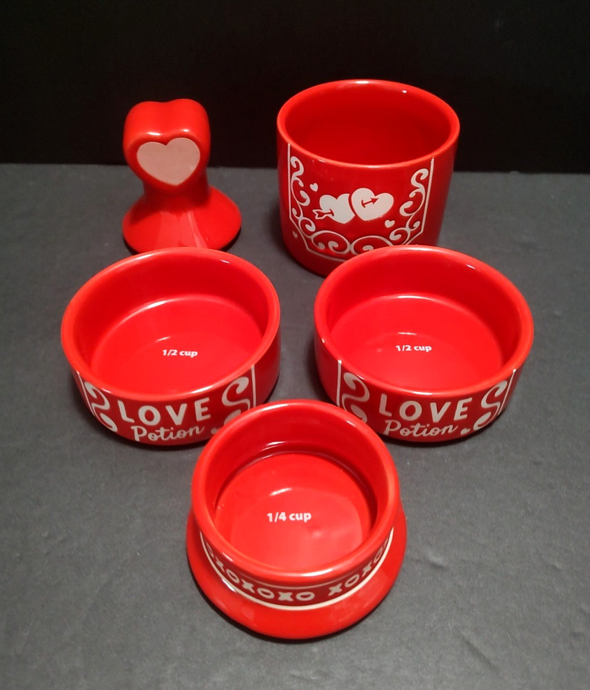 Red Ceramic Love Potion Bottle Shaped Stacking Measuring Cup Set 9" Tall