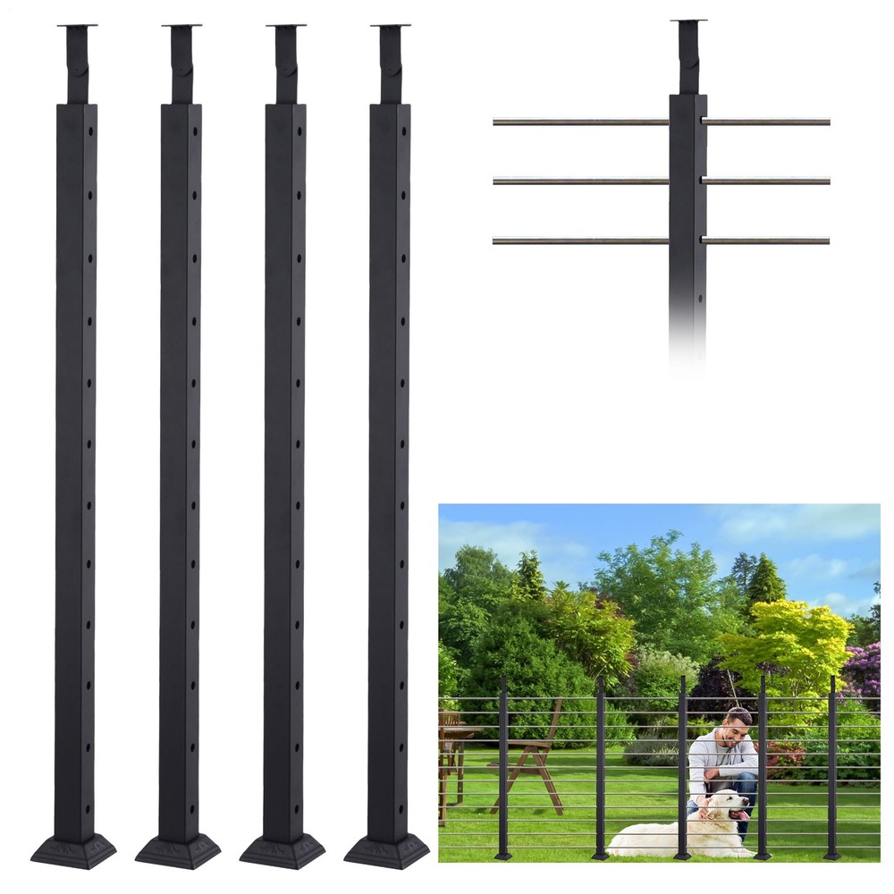 42" Cable Railing Post, Matte Black Stainless Steel Level Drilled Railing Post