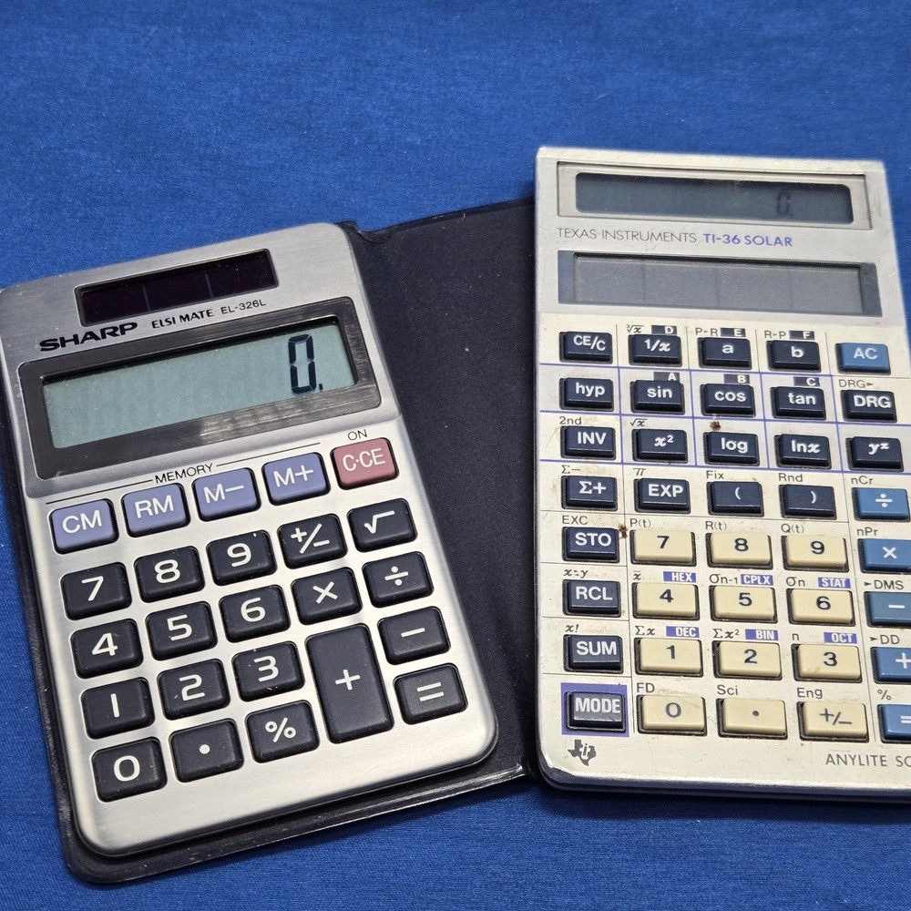 vintage solar calculator Lot 2 TI-36 Sharp EL 326L Retro Office Basic Math