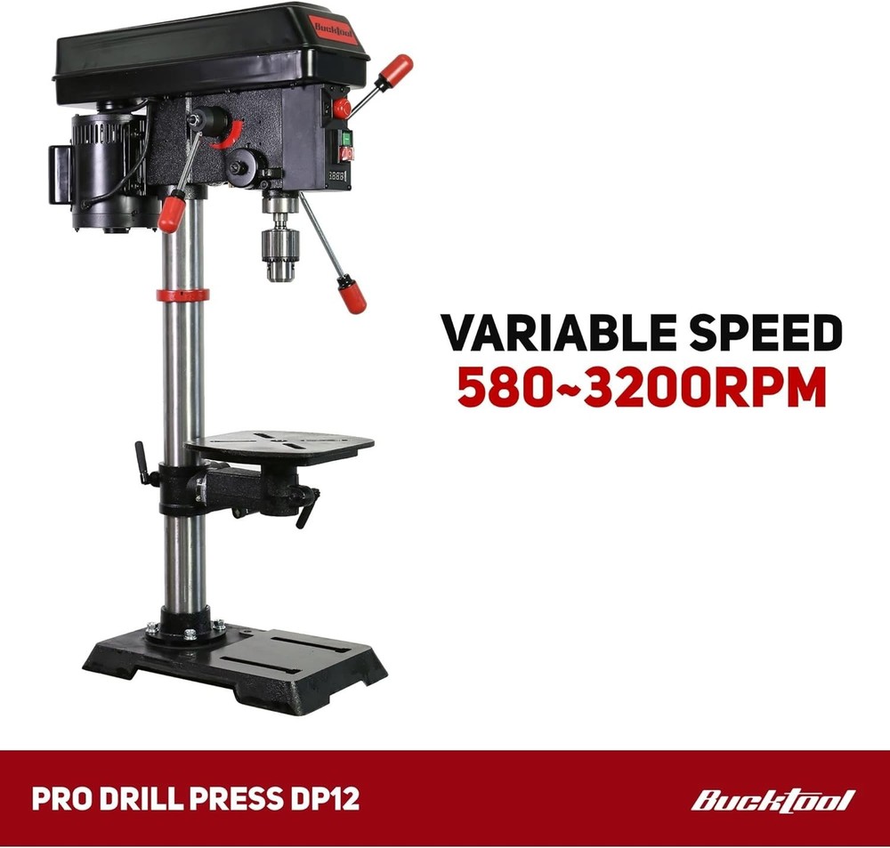 BUCKTOOL 12-Inch 3/4HP Variable Speed Bench Top Drill Press with Laser Guide