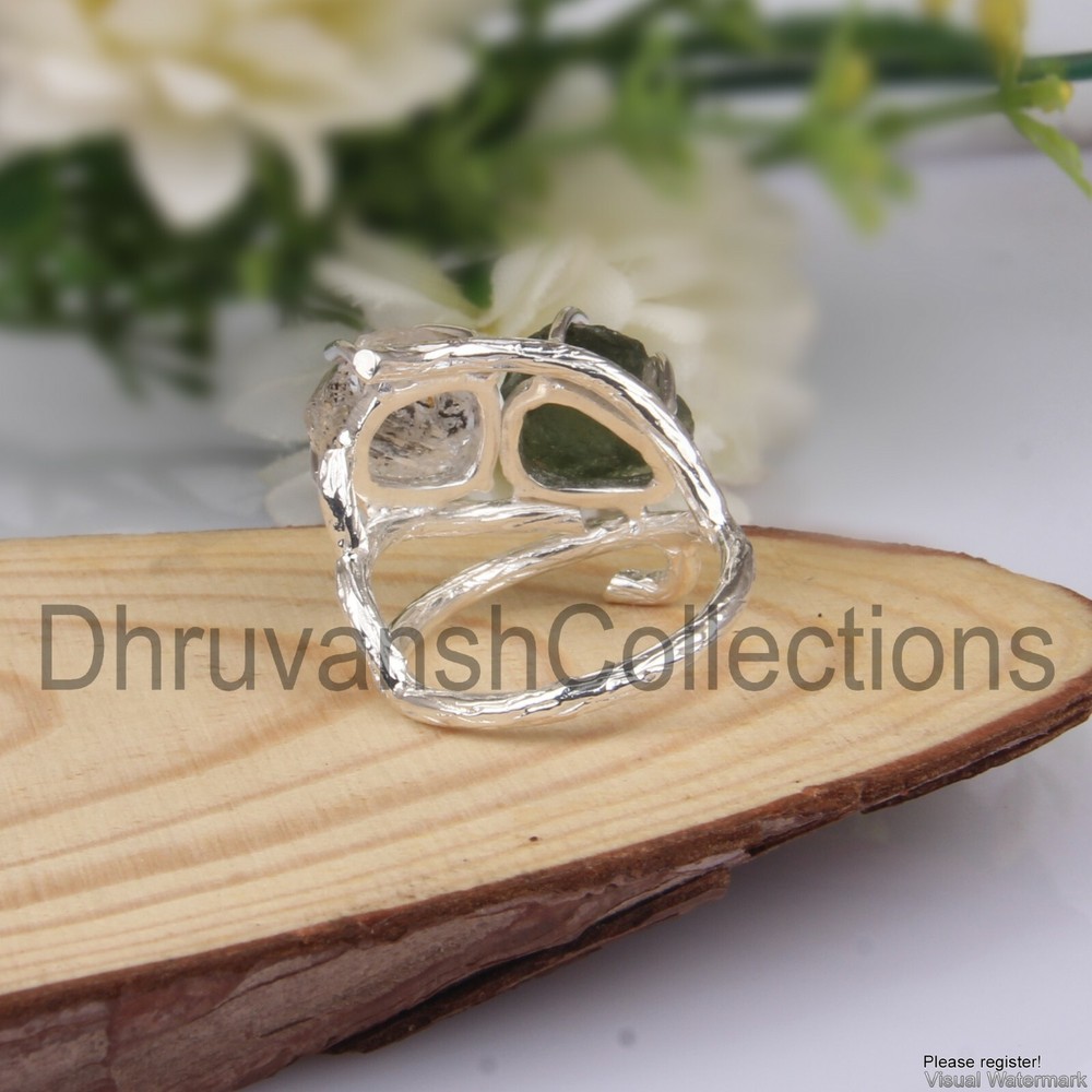 Raw Authentic Czech MOLDAVITE Ring 925 Sterling Silver Handmade Branch Ring