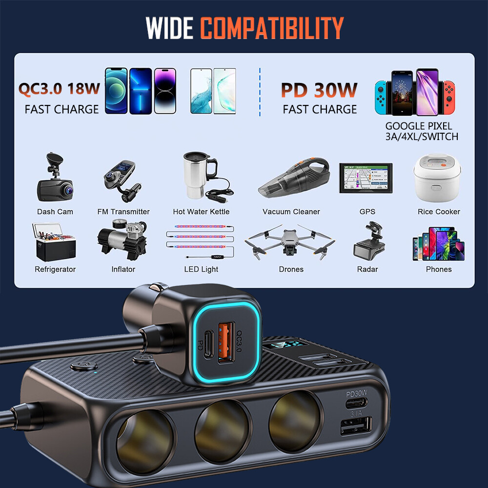 Multi Car Cigarette Lighter Socket Expander Splitter USB C Power Adapter Charger