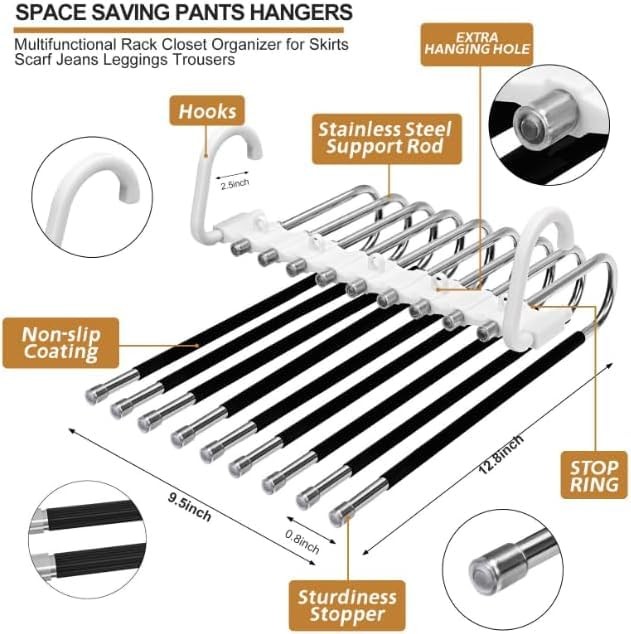 2 Pack 9 Layer Foldable Pants Hangers, White, Space Saving, Multifunctional