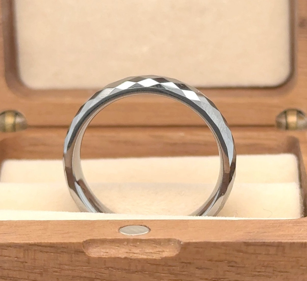 Faceted Pattern Stepped Edges Ring Silver Tungsten Elegant Band Fiancé Ring