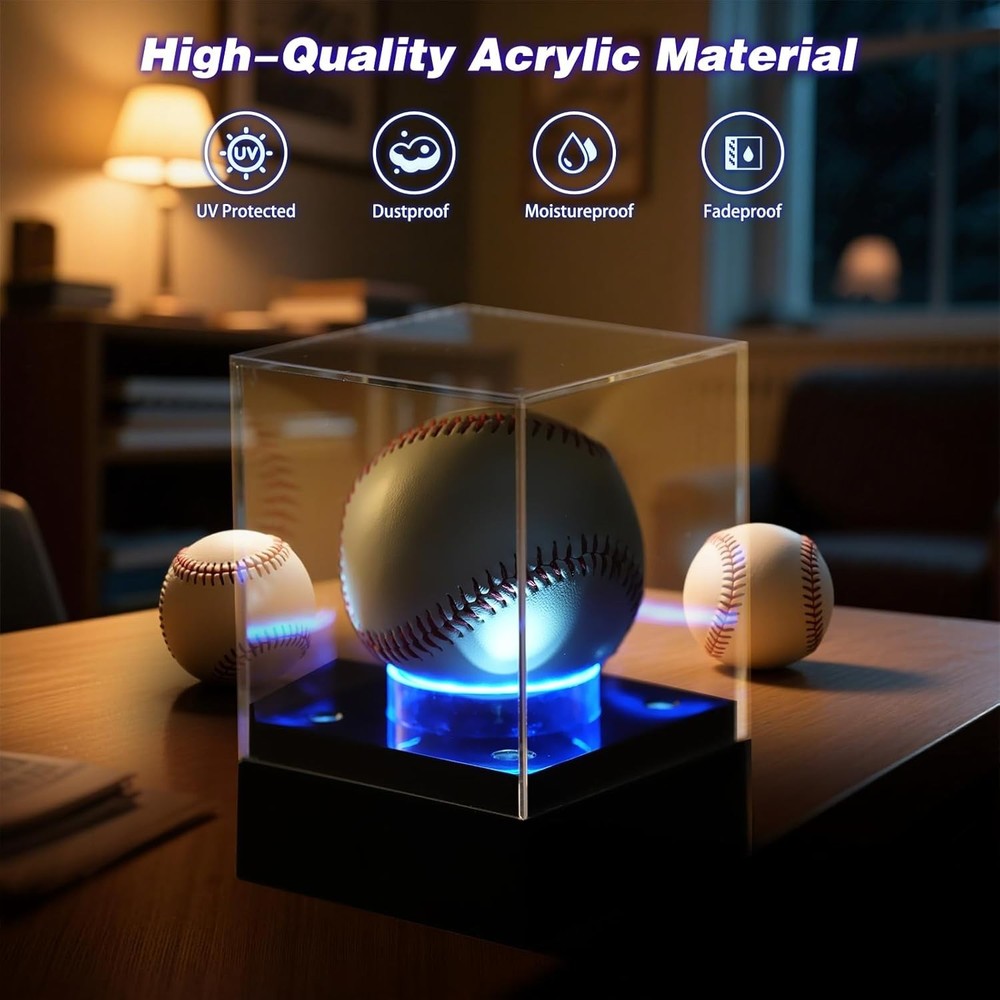 USA Acrylic Clear Baseball Display Case with Adjustable LED Light Display Box