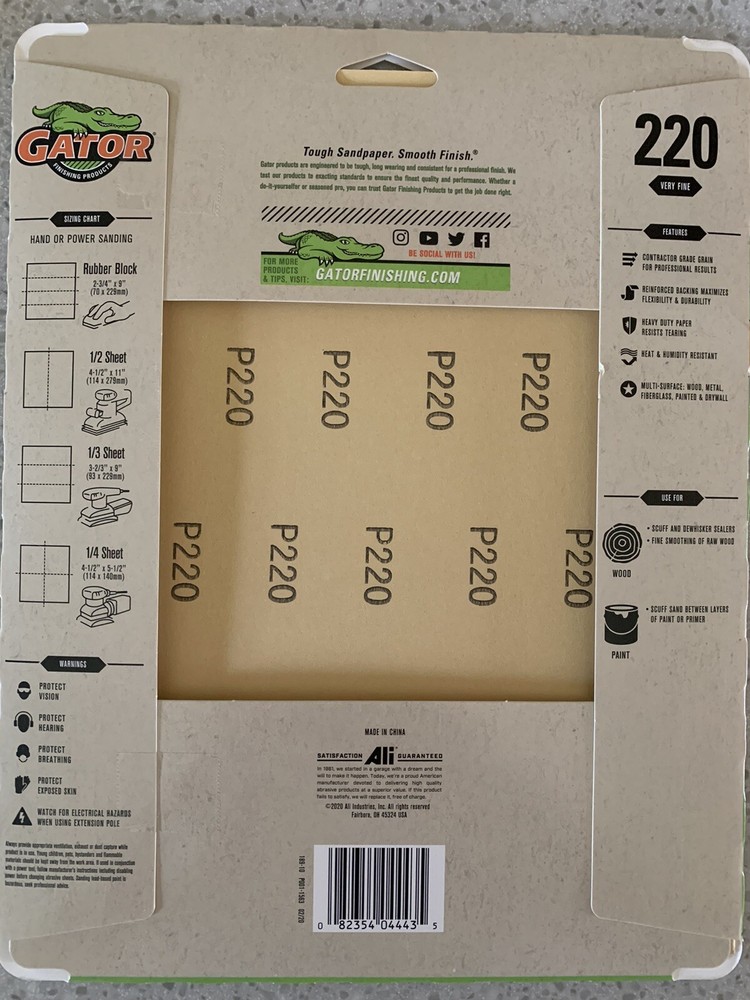 Gator 9x11 Sanding Sheets Project Pack 220 Grit 5 Pack