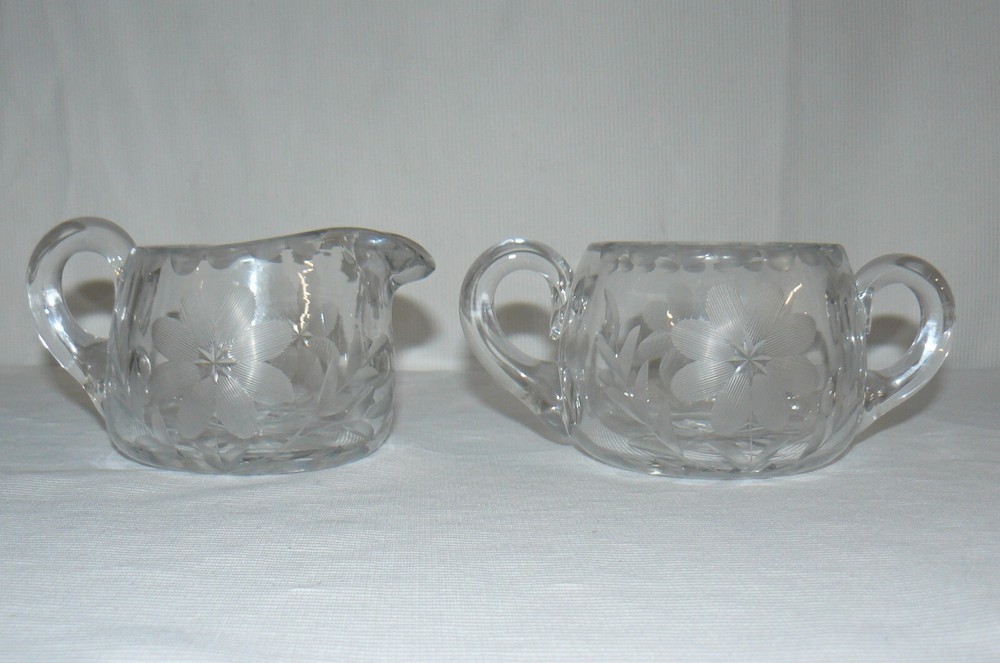 Thick Glass Cream & Sugar Bowls Flower Star Pattern 3"