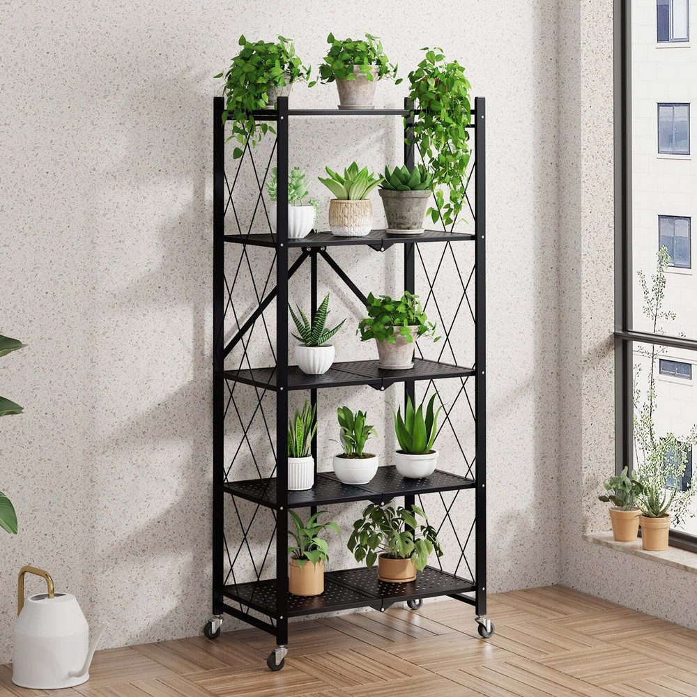 5-layer foldable storage rack, metal rack unit, basement and pantry storage rack