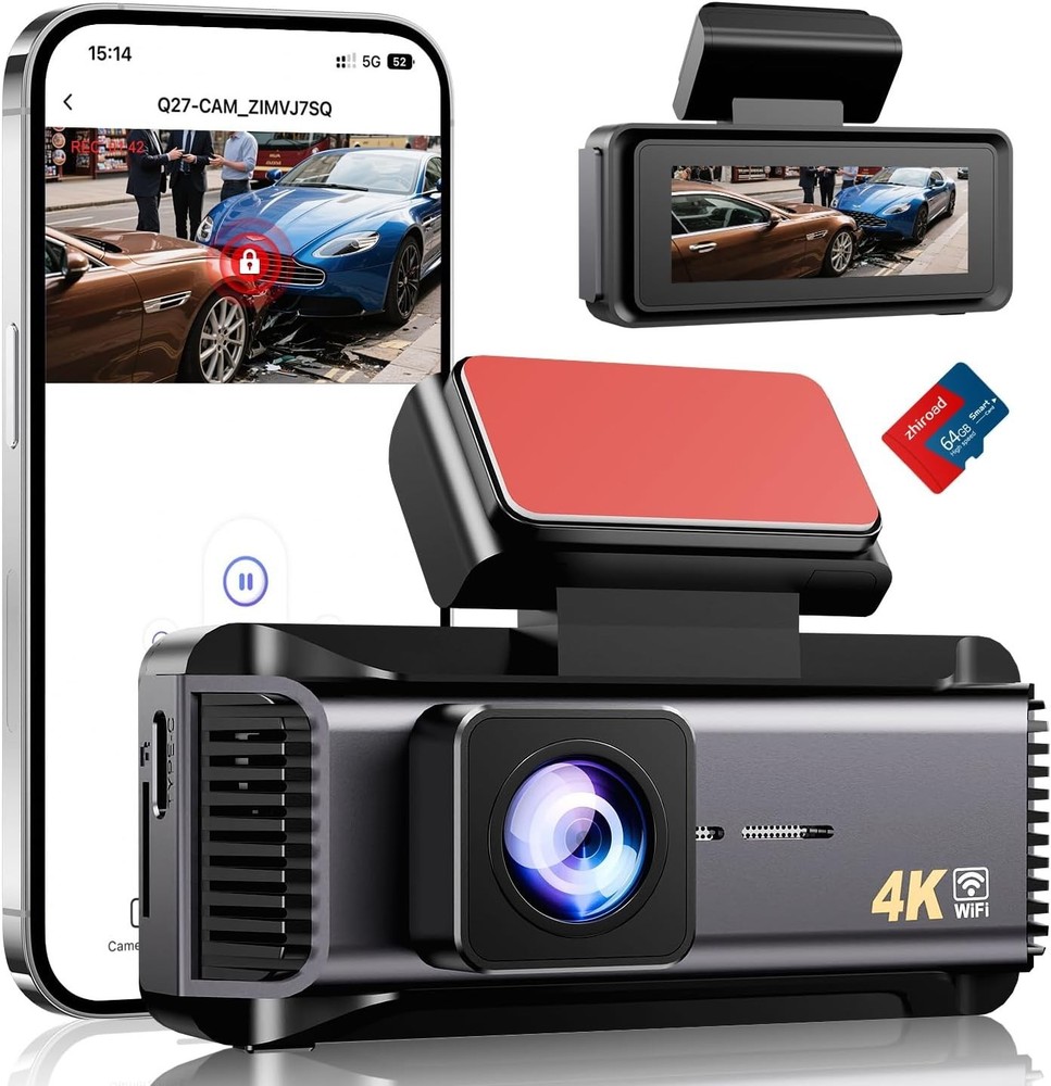 WiFi Enabled 4K Dash Cam with Loop Recording & G-Sensor - Includes 64GB Card