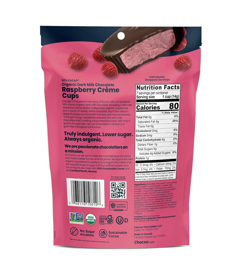 Organic Raspberry Creme Dark Milk Chocolate Cups