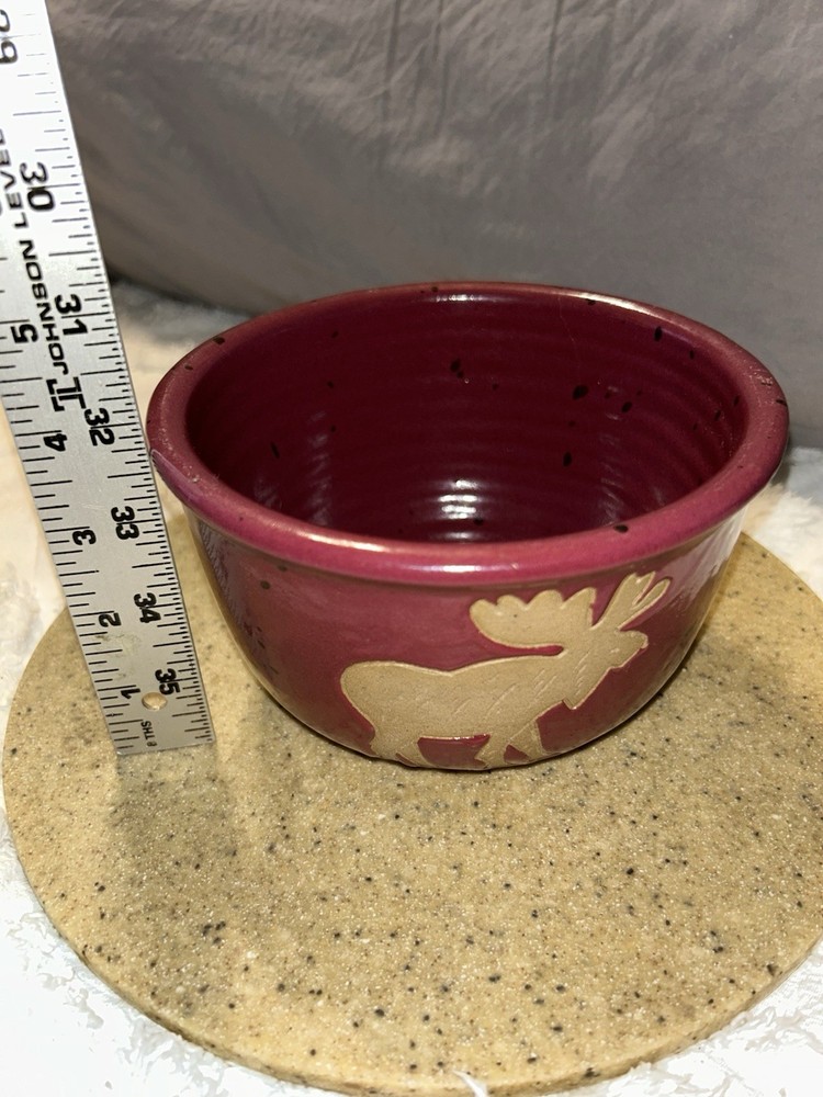 Collection Circle Candy Dish Moose Decor Signed. Maroon/tan