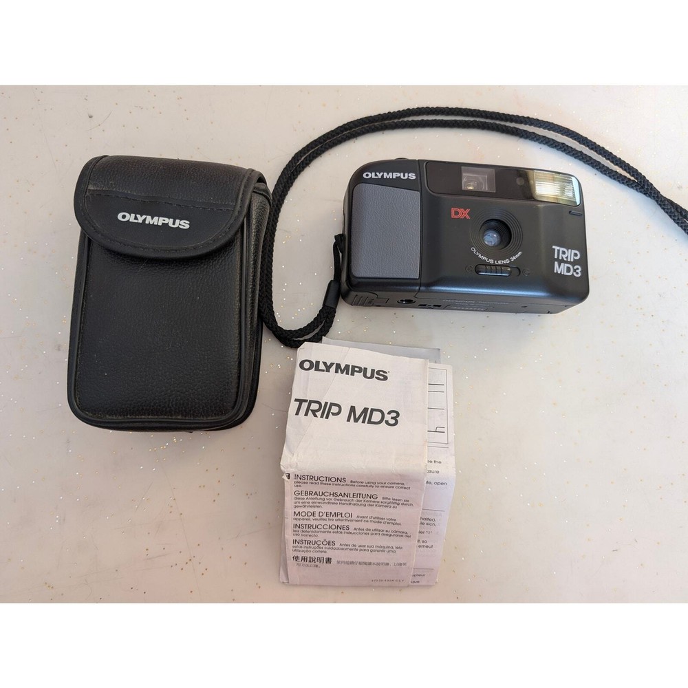 Olympus Trip MD3 35mm Camera Black Strap Leather Case Not Tested