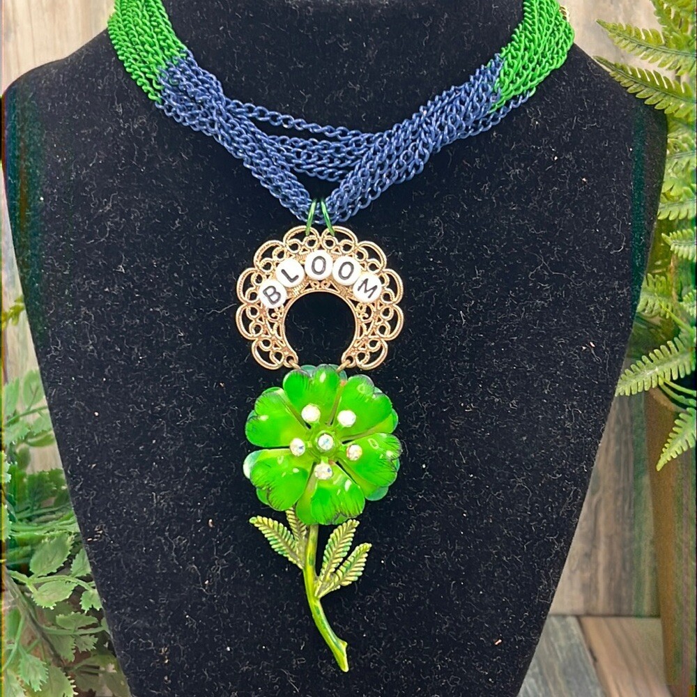 Adorned Crown Artisan Assemblage multi chain enamel flower BLOOM green blue