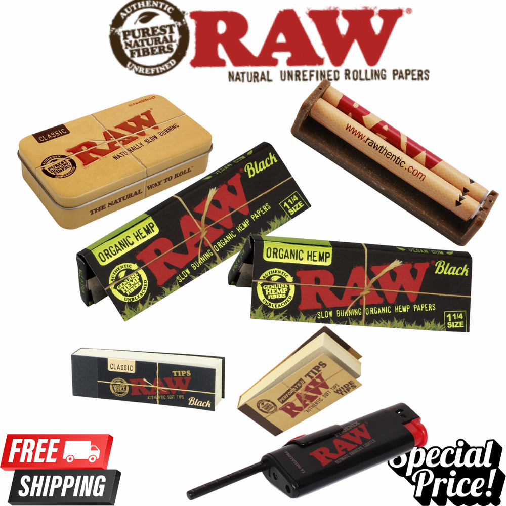 RAW Black Organic 1 1/4 Rolling Papers 79mm Roller Tips Tin Lighter Kit Set