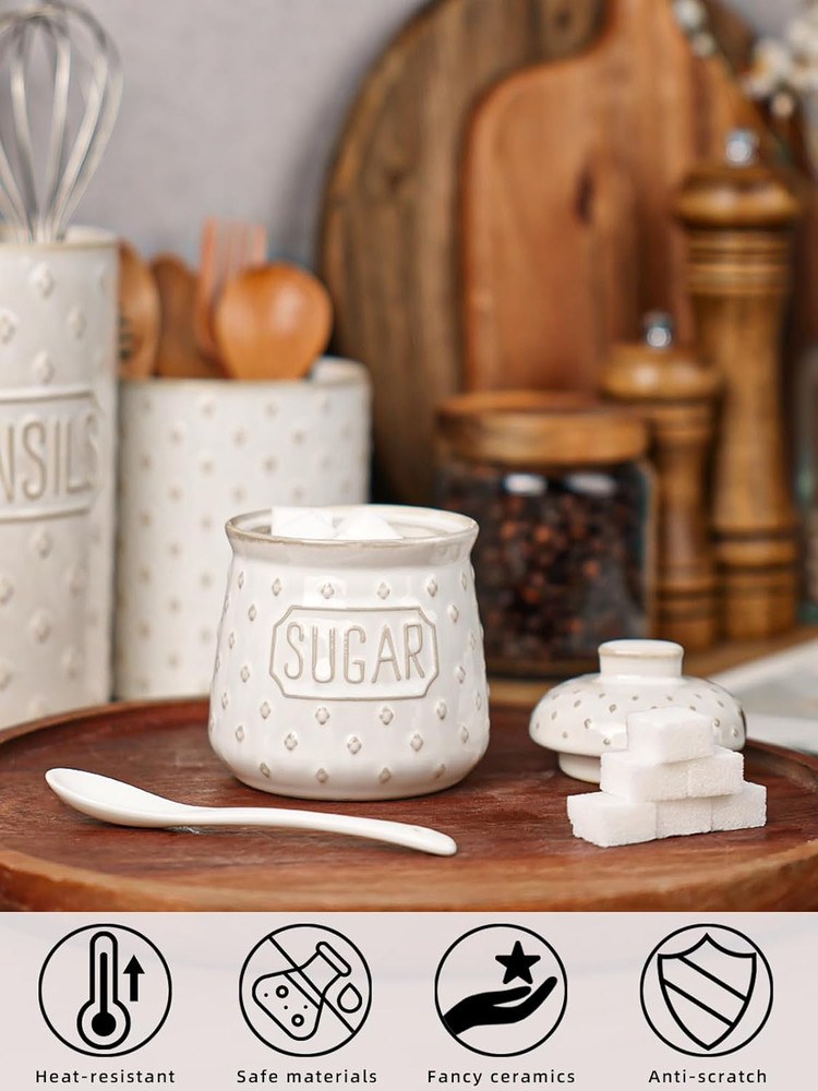 Sugar Bowl with Lid and Spoon, 10 OZ Ceramic Sugar Container for Kitchen Accesso