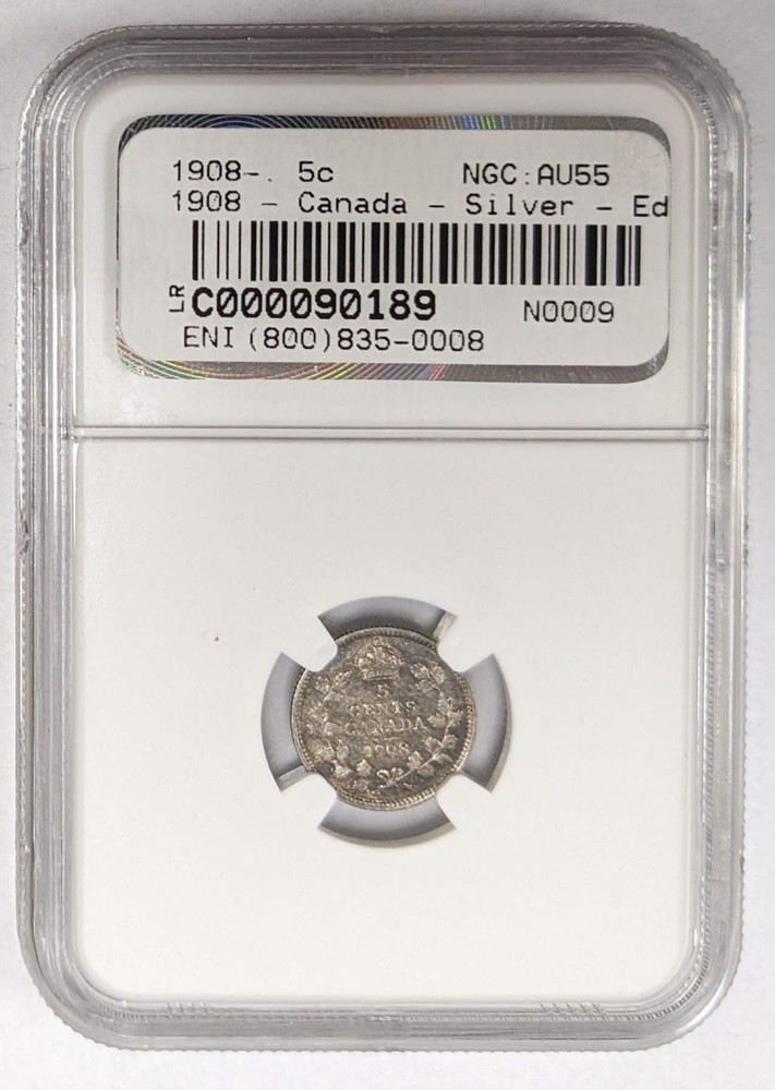 1908 Canada 5c Large 8 NGC AU 55