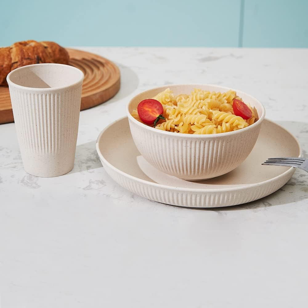 18Pcs Wheat Straw Dinnerware Sets Unbreakable Reusable Dinnerware Set Kitchen C