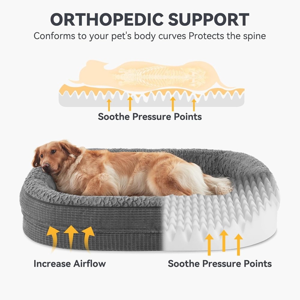 Grey Memory Foam Dog Bed - Extra Large Orthopedic Couch with Waterproof Lining