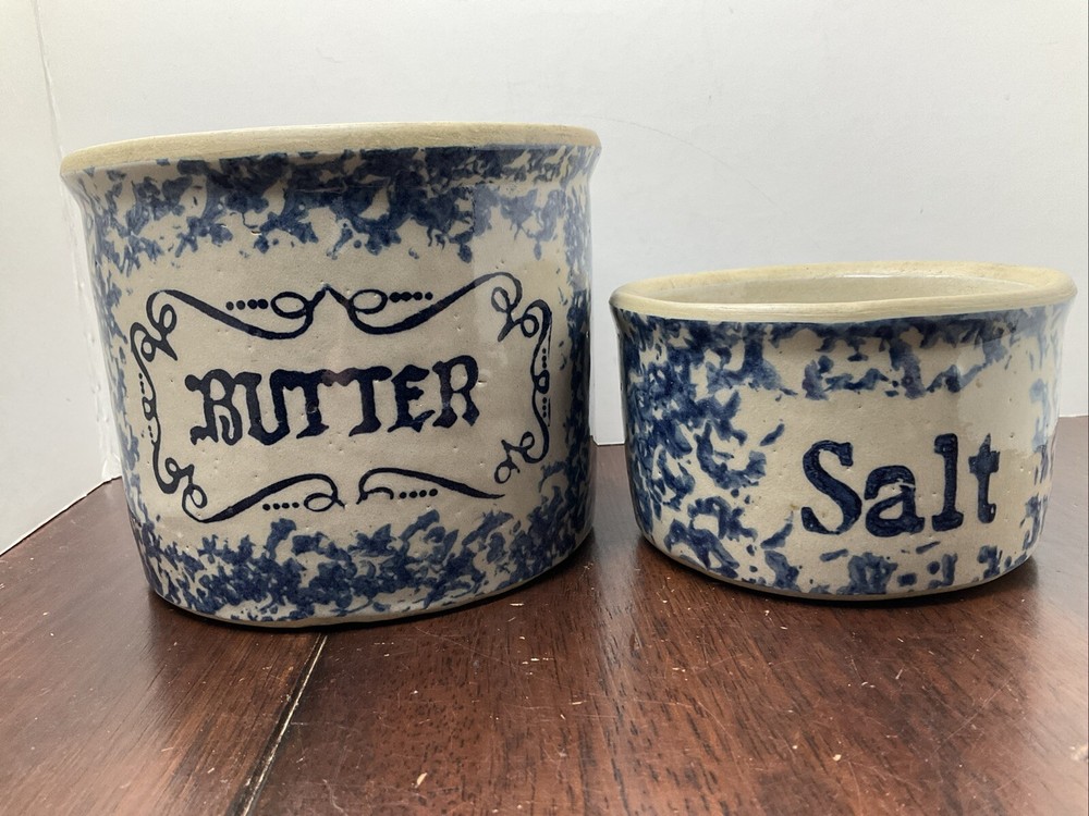 2 Vtg Salt & Butter Crock Small Blue/tan Colors