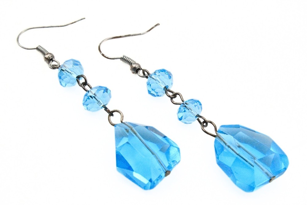 Assymetric Blue Faceted Glass Drop Dangle Earrings