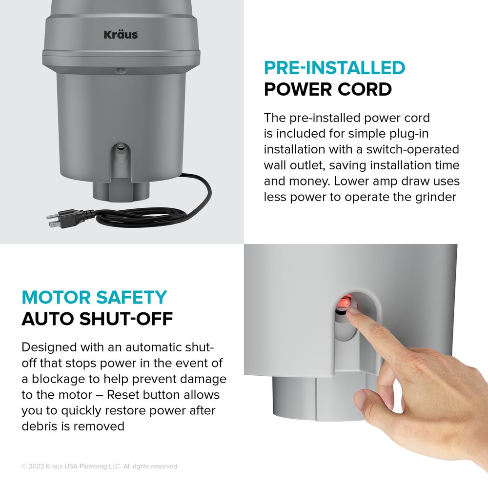 Kraus KWD210-75 3/4 HP Continuous Feed Garbage Disposal - Grey