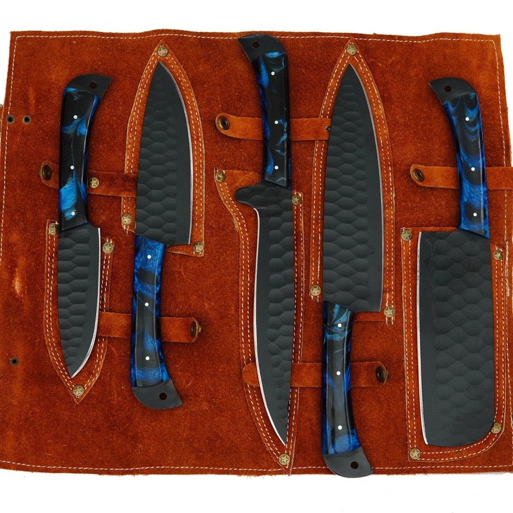 CUSTOM HANDMADE D2 HAMMERED PATTERN 5 PIECES CHEF SET WITH LEATHER CARRYING BAG
