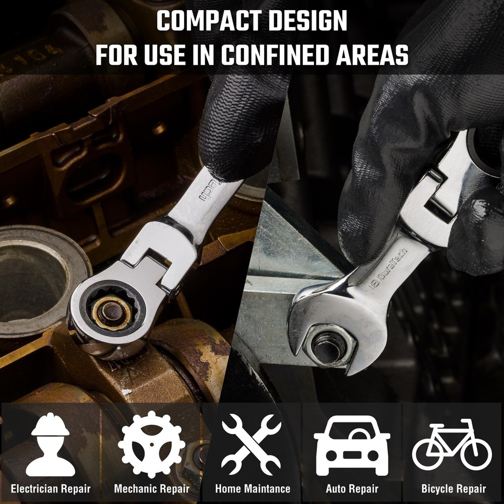 DURATECH Stubby Flex-head Ratcheting Combination Wrench Set, Metric, Silver