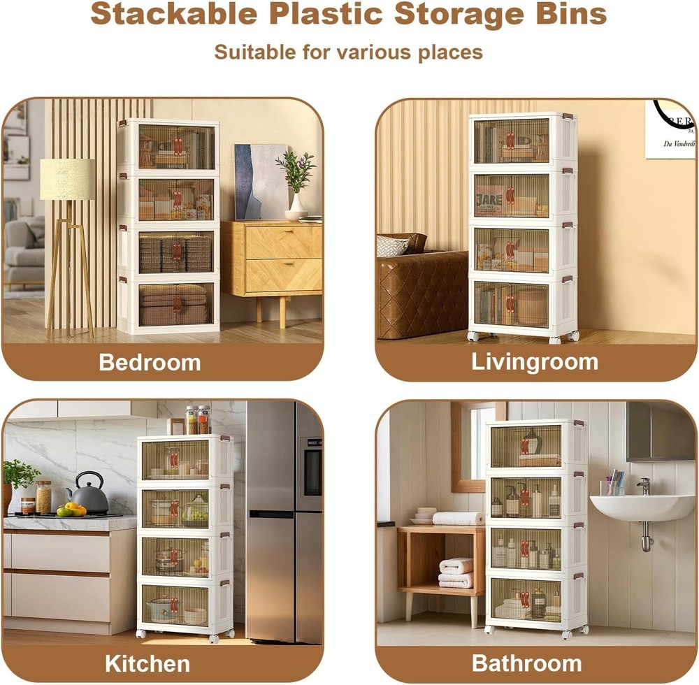 4 Tier Stackable Plastic Storage Bins, 72QT X 4 Foldable Storage Bins with Wheel