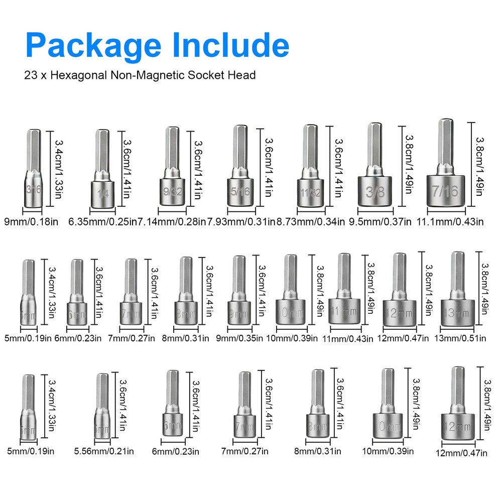23pcs Power Nut Driver Drill Bit Set Socket Bit Adapter Metric & SAE Socket