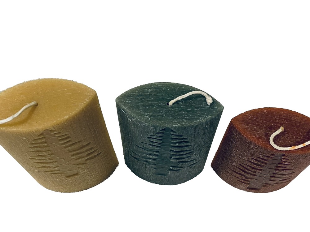 3 Salsa Style Art Studio Pillar Candles Handmade Rustic Cabin Christmas Tree