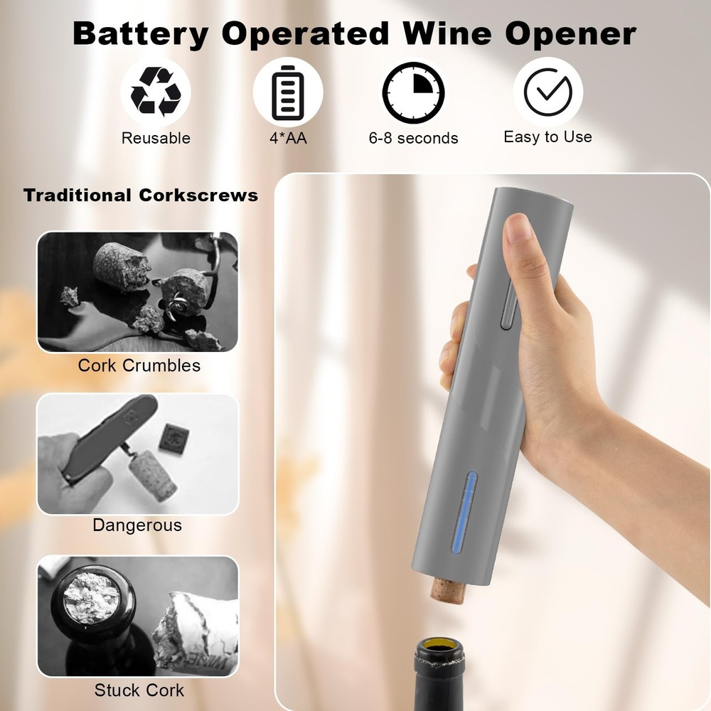 Electric Wine Opener, Automatic Operation Corkscrew, Battery Gray