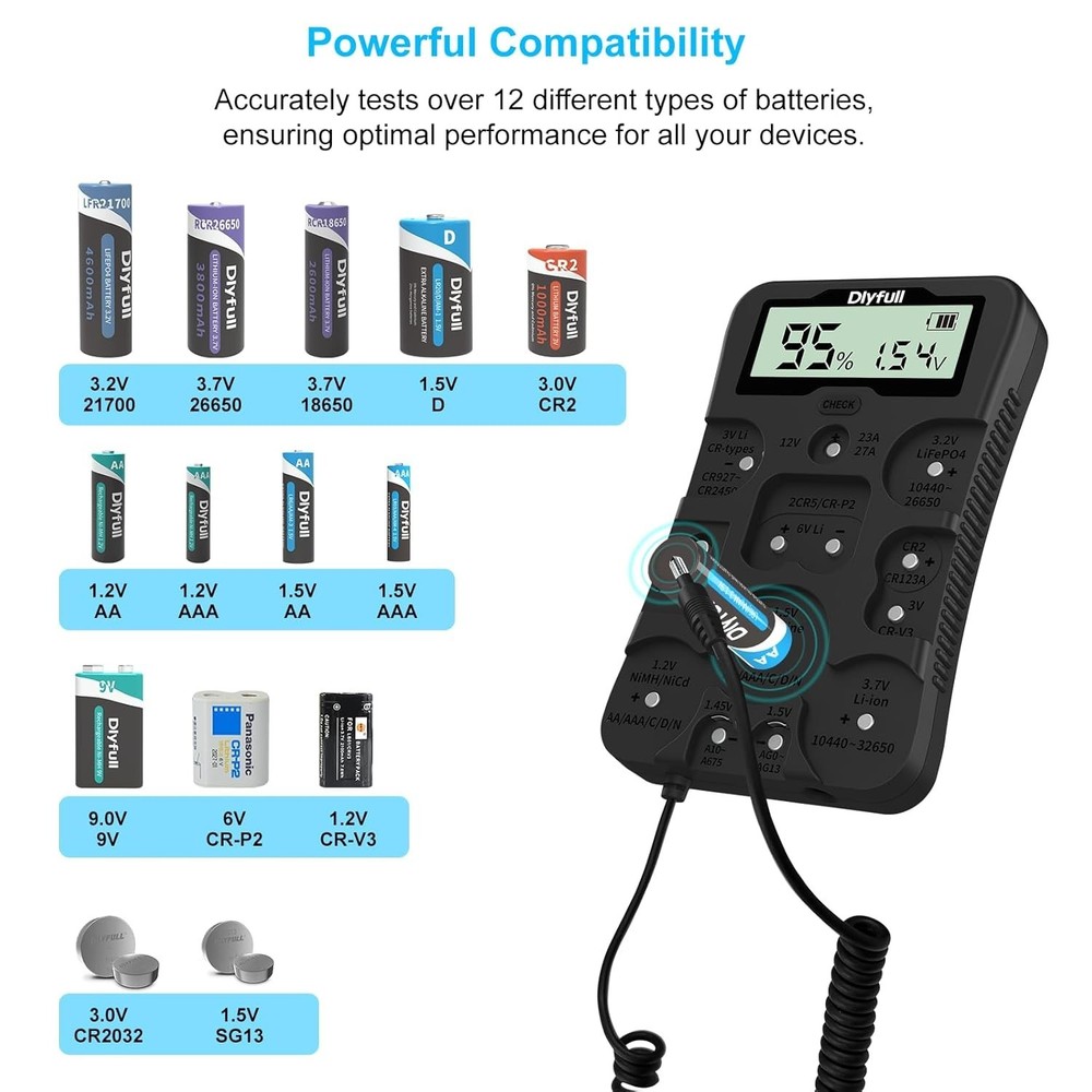Portable Battery Checker with LCD Display, Compatible with AA, AAA, C, D Cells