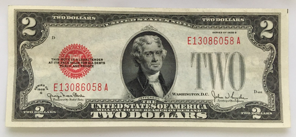 $2 1928 G United States Note Two Dollars red seal note uncirculated EA