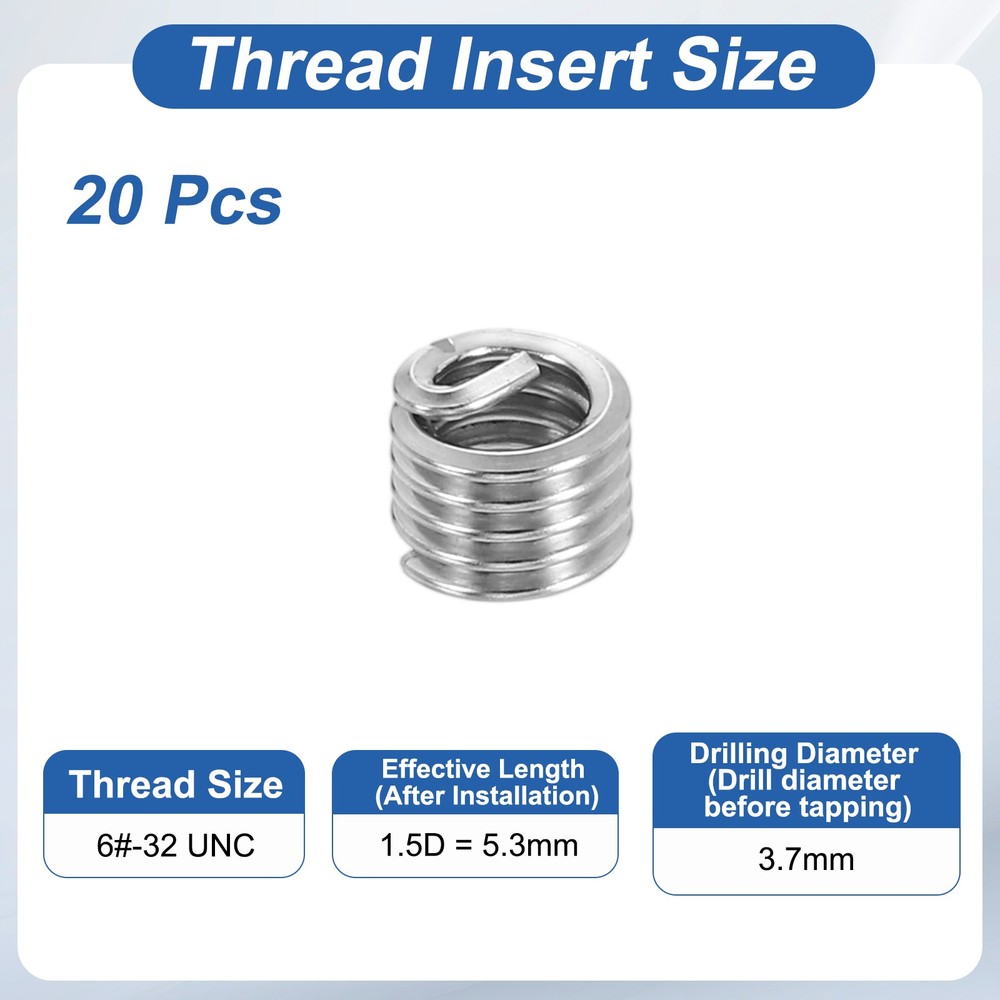 20pcs Wire Thread Inserts 6#-32 UNC 1.5D 5.3mm Helical Threaded Sleeve