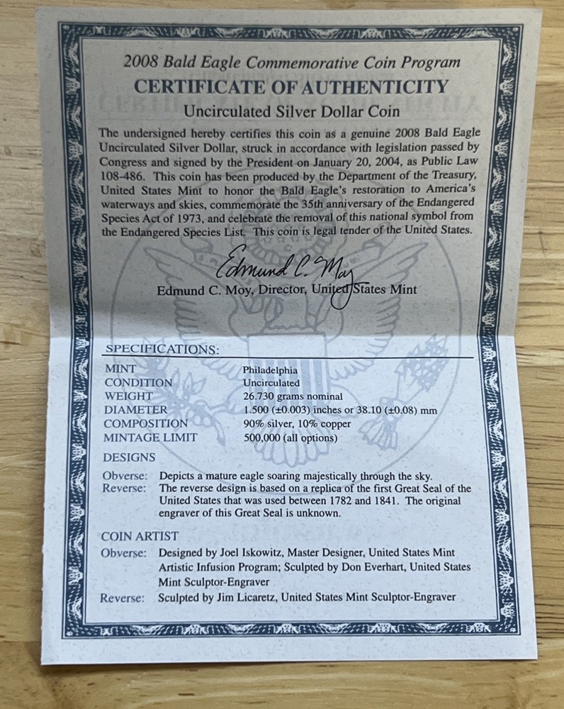 2008 Bald Eagle Commemorative Silver Dollar UNC, BU- OGP & COA