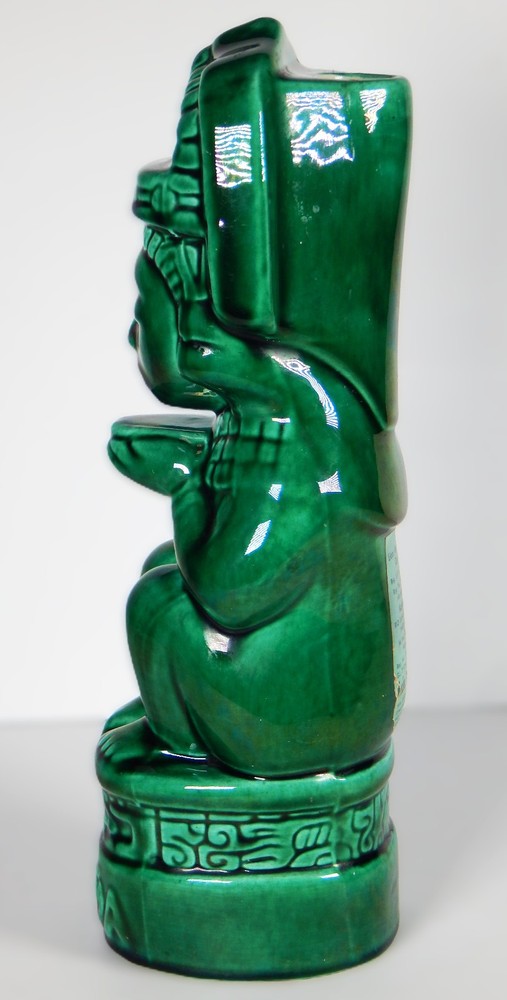 1937 AZTEC KAHLUA BOTTLE DECANTER HAND MADE CERAMIC GREEN TIKI K&B EMPTY LABEL