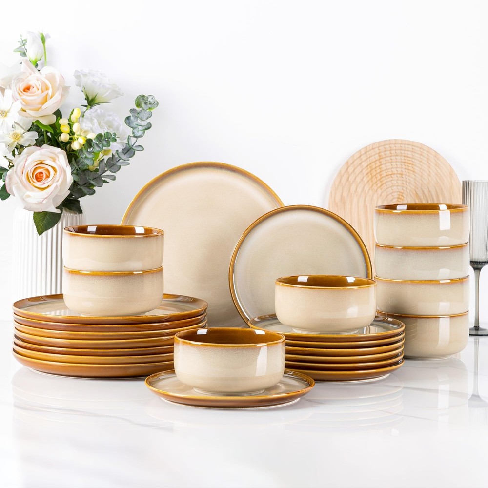 LERATIO Ceramic Dinnerware Sets for Service 8 （24pcs）, Modern-Kahki
