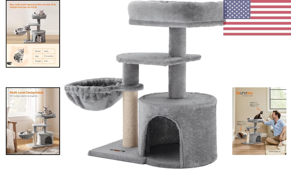 Small Cat Tree - Scratching Post - Basket - Cave - Light Gray - Compact Size