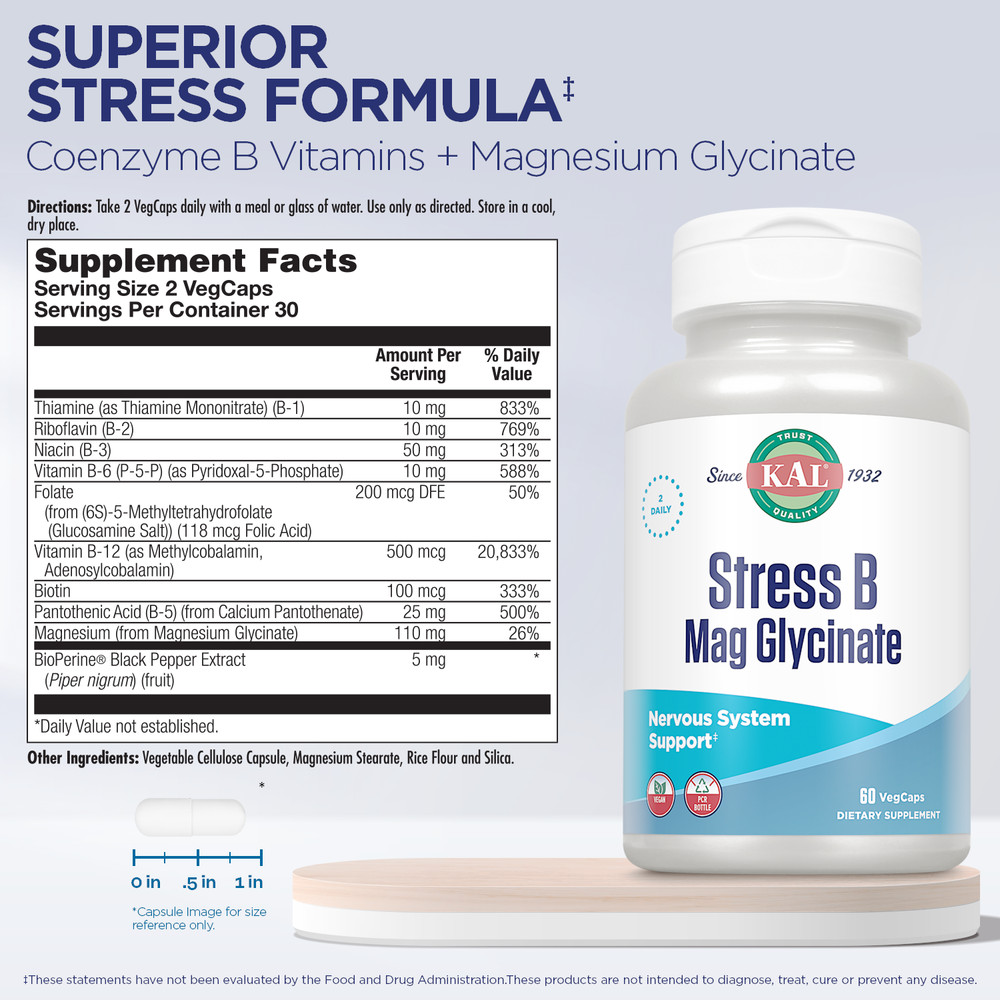 KAL Stress B Mag Glycinate, B Complex Vitamins Plus Magnesium, Active Forms