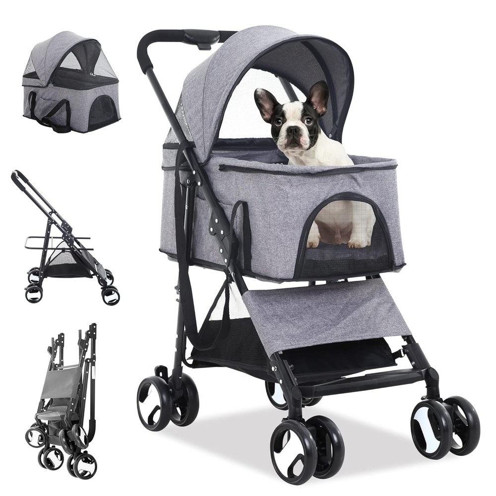 3-in-1 Folding Pet Stroller & Detachable Carrier - One-Button Quick Fold