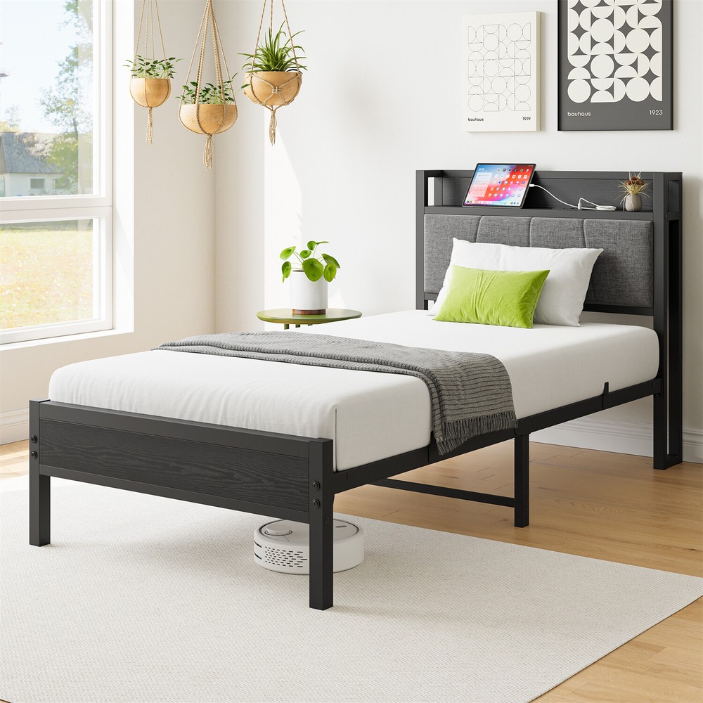 Twin/Full Size Bed Frame Metal Platform Bed Frame w/ Storage Headboard Black US