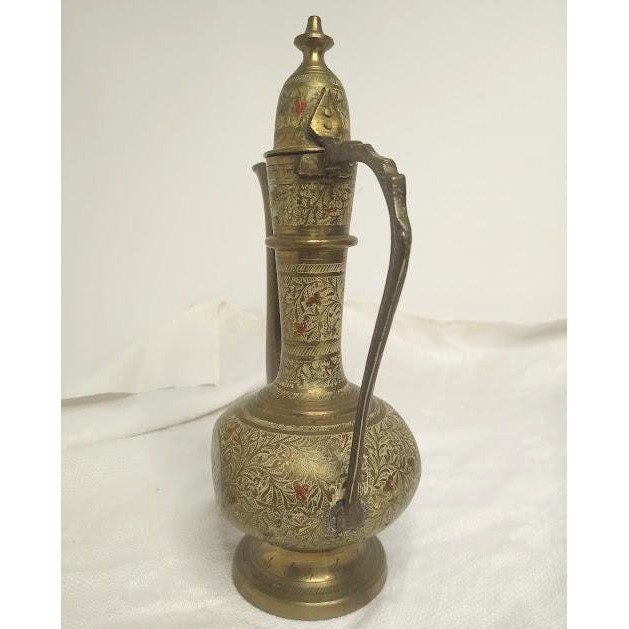 Indian Brass Ewer, Etched Aftaba Pitcher