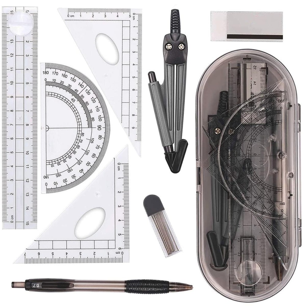 Math Geometry Kit Set - Shatterproof Box,Rulers,Protractor,Compass,Pencil,Eraser