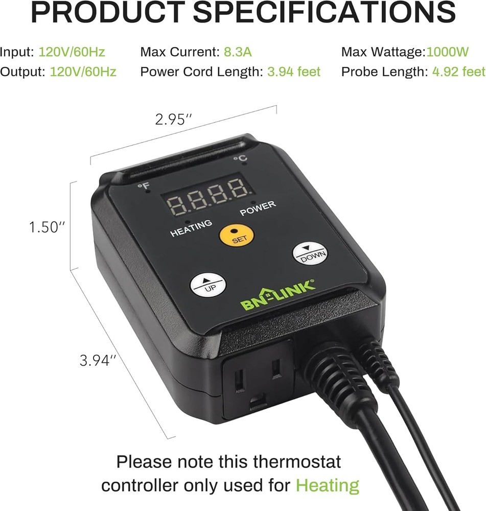 BN-LINK Reptile Thermostat Temperature Controller, Only, Black