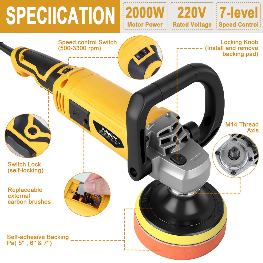 2000W Car Polisher Polishing Machine Kit Buffer Sander Variable 7 Speed w/Pad