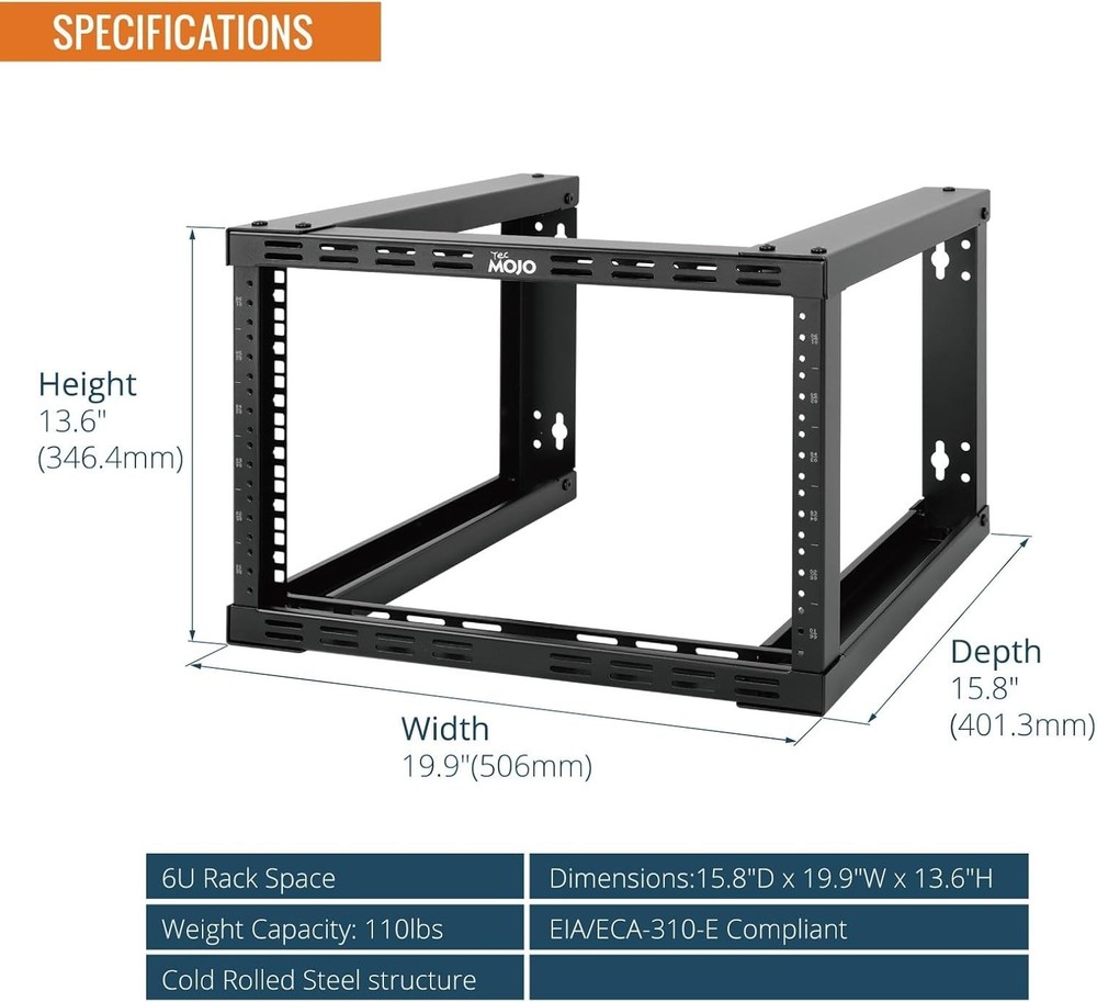 6U Fixed Wall Mount Network Rack 15.8Inch Depth Open Frame for Server Data/Av/It