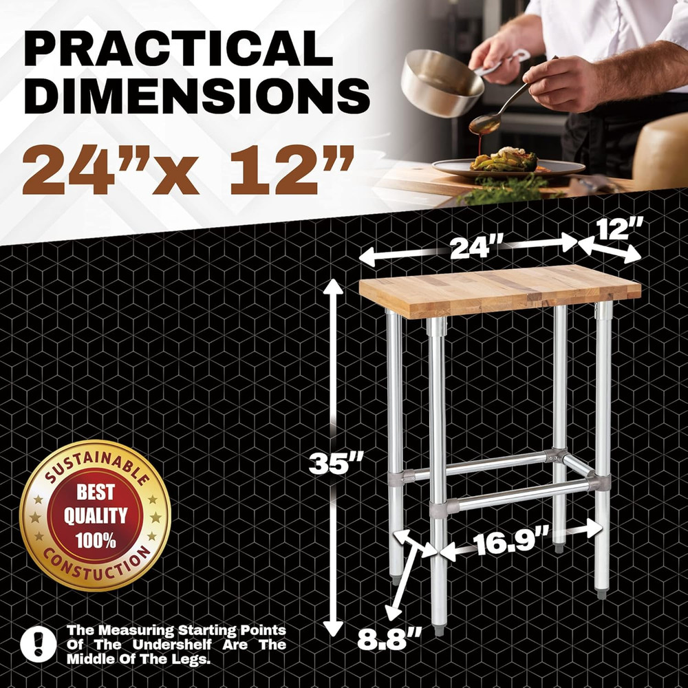 US Maple Top Work Table - 24x12 Butcher Block for Kitchen, Garage, Restaurant